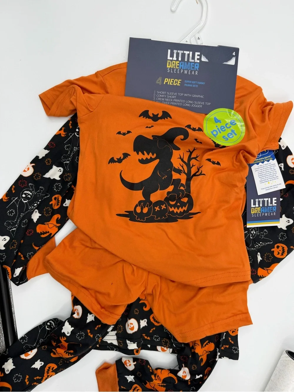 2 sets Orange & Black Halloween Dino Pajama Set for Kids